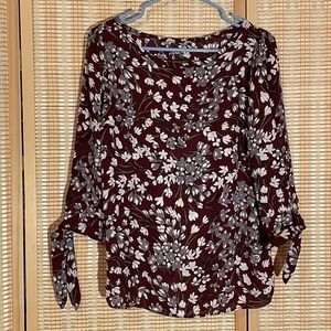 LOFT Outlet Womens M Burgundy Floral Blouse Silky Bow Sleeves Career‎ Office